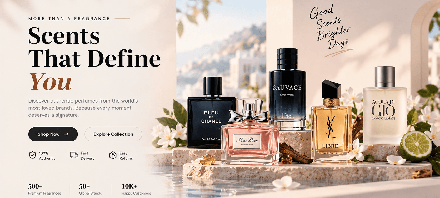 Bleu de Chanel, Miss Dior, Dior Sauvage, YSL Libre and Acqua di Giò arranged on stone beside jasmine flowers.